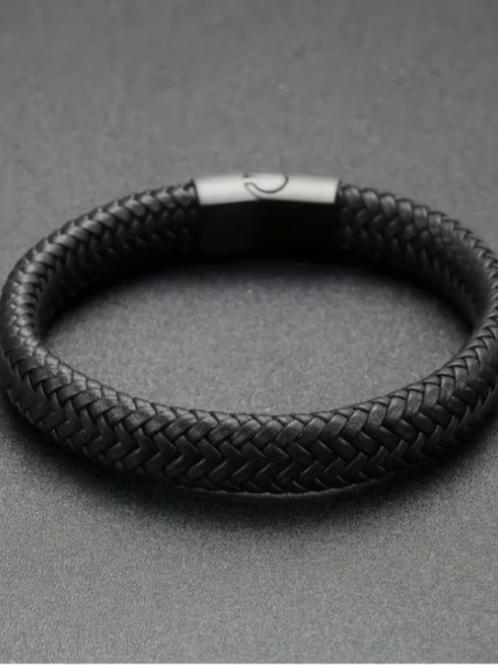 Men's Black Braided Leather Bracelet with Magnetic Clasp